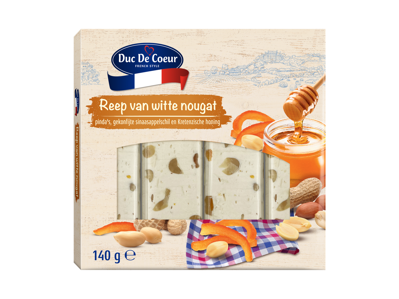 Duc De Coeur zachte nougatrepen met pinda's, gekonfijte sinaasappelschil en Kretenzische honing, 140g.