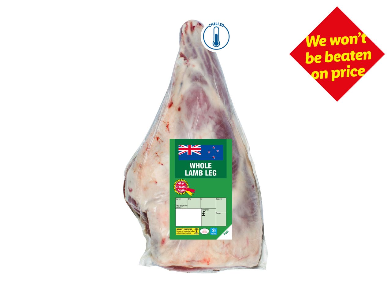 A chilled whole lamb leg in packaging with a price guarantee label.