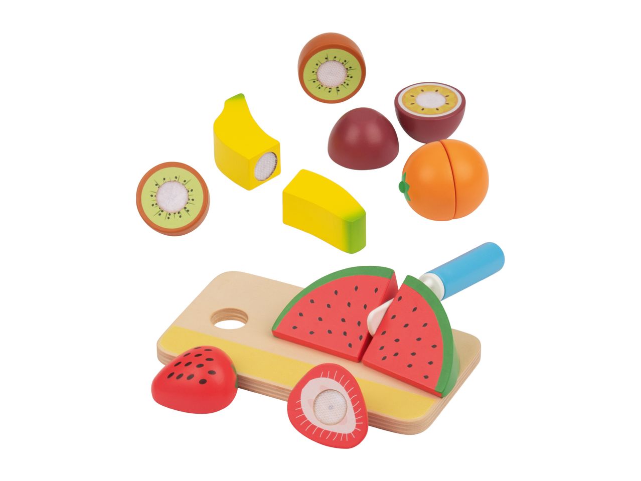 Wooden toy fruit set with cutting board, knife, watermelon, strawberry, kiwi, banana, and orange.