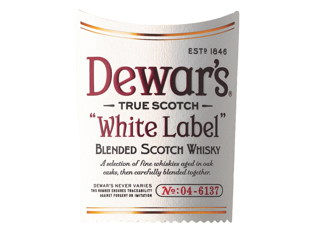 Етикет за уиски с надпис 'White Label Blended Scotch Whisky' и номер за проследяване.
