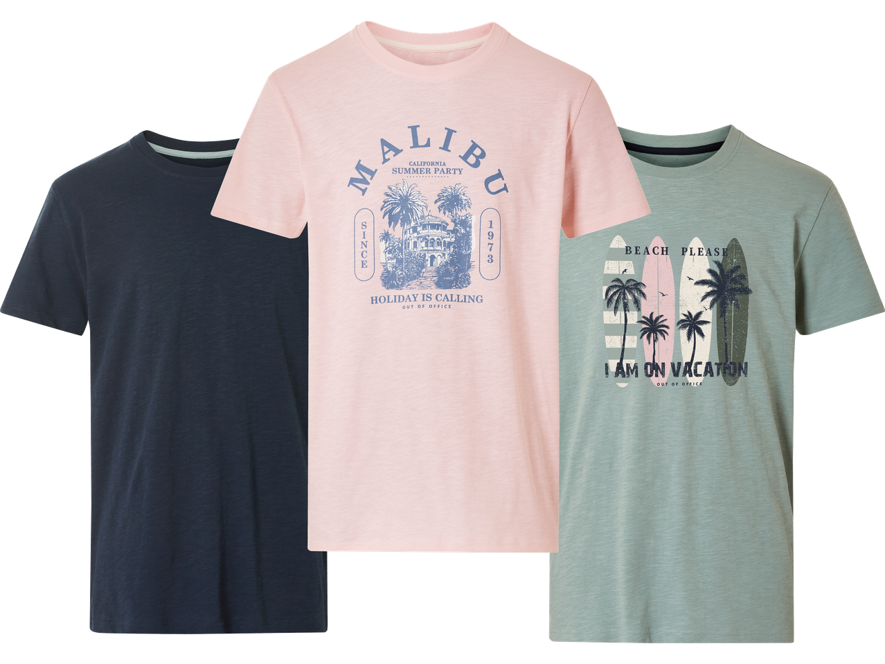 Tre Maling t-shirts i olika färger och mönster.