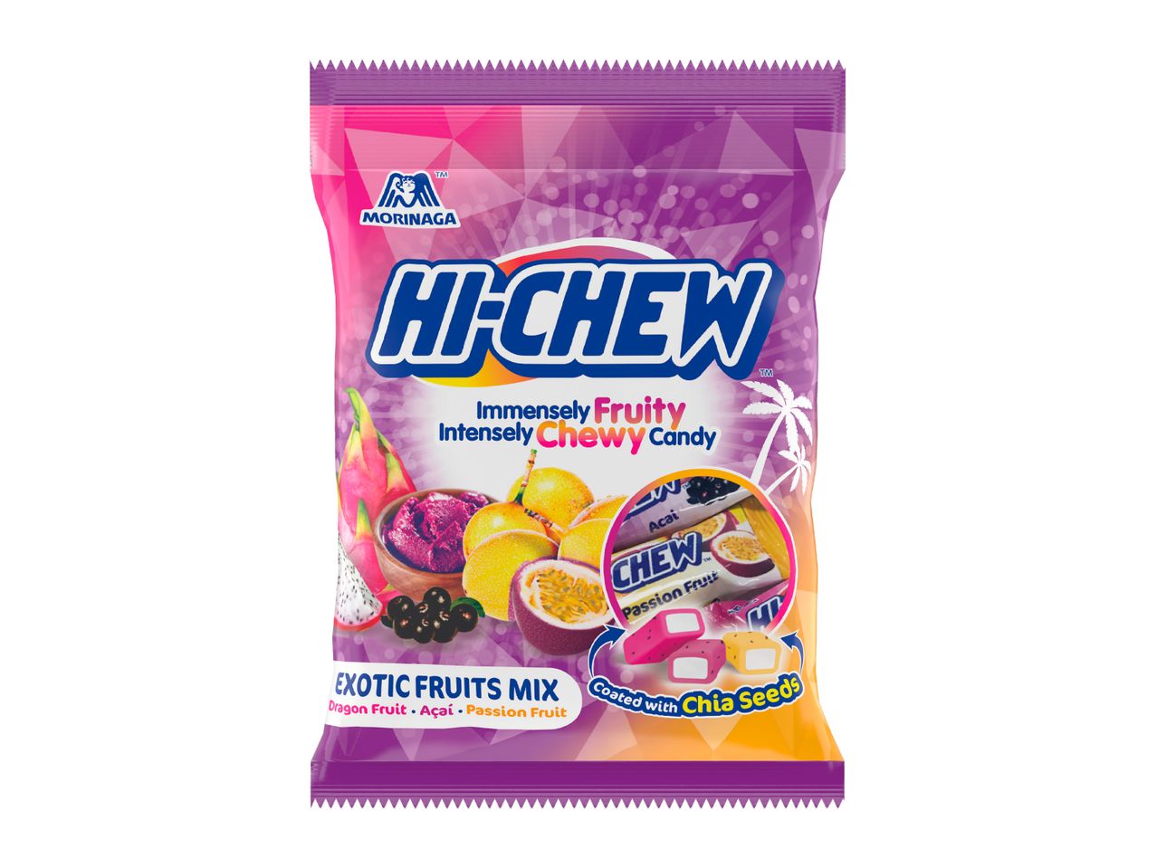 Exotic fruits mix chewy candy, coated with chia seeds, featuring dragon fruit, açaí, and passion fruit.