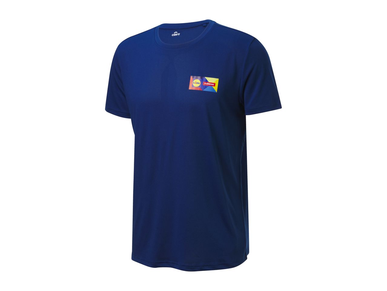 Navy blue Crivit t-shirt featuring Lidl and Trek logos.