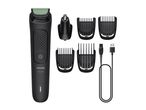 Black all-in-one trimmer with various comb attachments, a nose trimmer, and a charging cable.