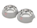 Two grey pet bowls with stainless steel inserts and pink heart details