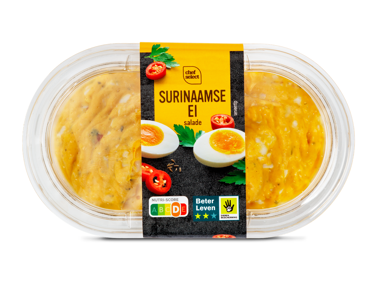 Surinaamse eisalade in een transparante verpakking met een geel etiket.
