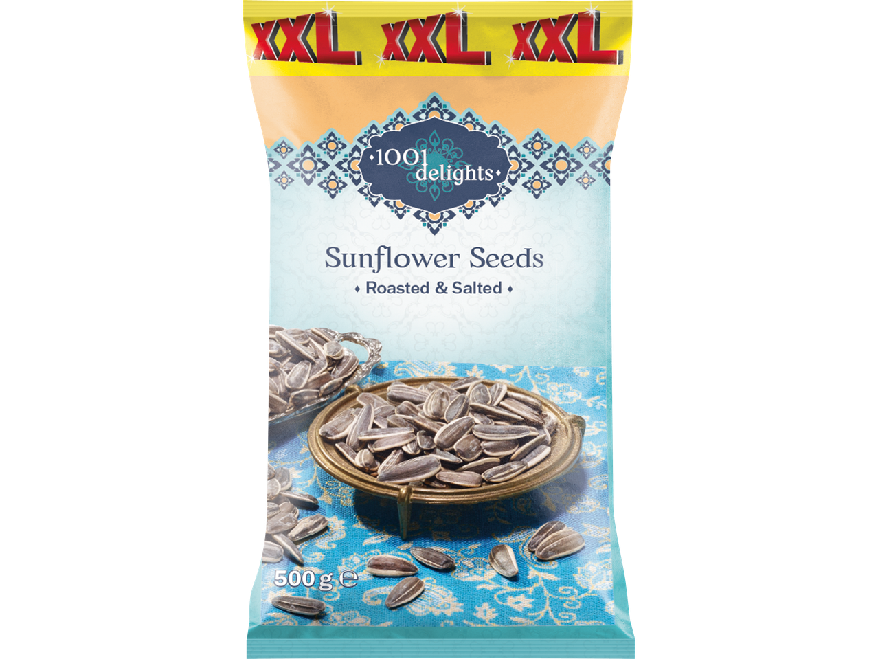 En påse XXL rostade och saltade solrosfrön, 500g, med '1001 delights'-tema.