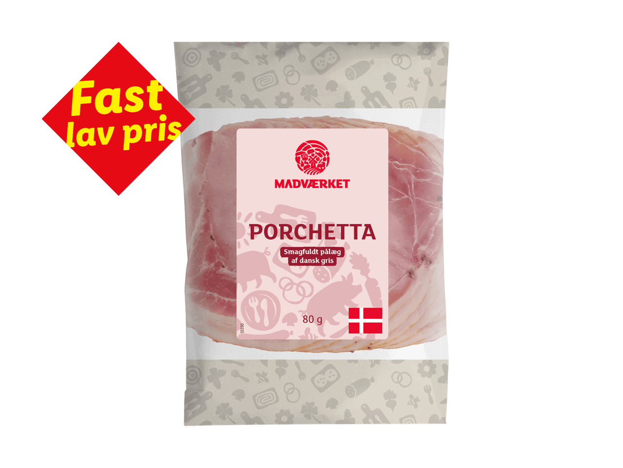 Pakke med skiveskåret porchetta med teksten 'Fast lav pris' i øverste venstre hjørne.