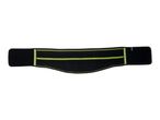Black and neon green back support belt with a mesh design.
