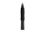 Close-up of a black retractable ballpoint pen.