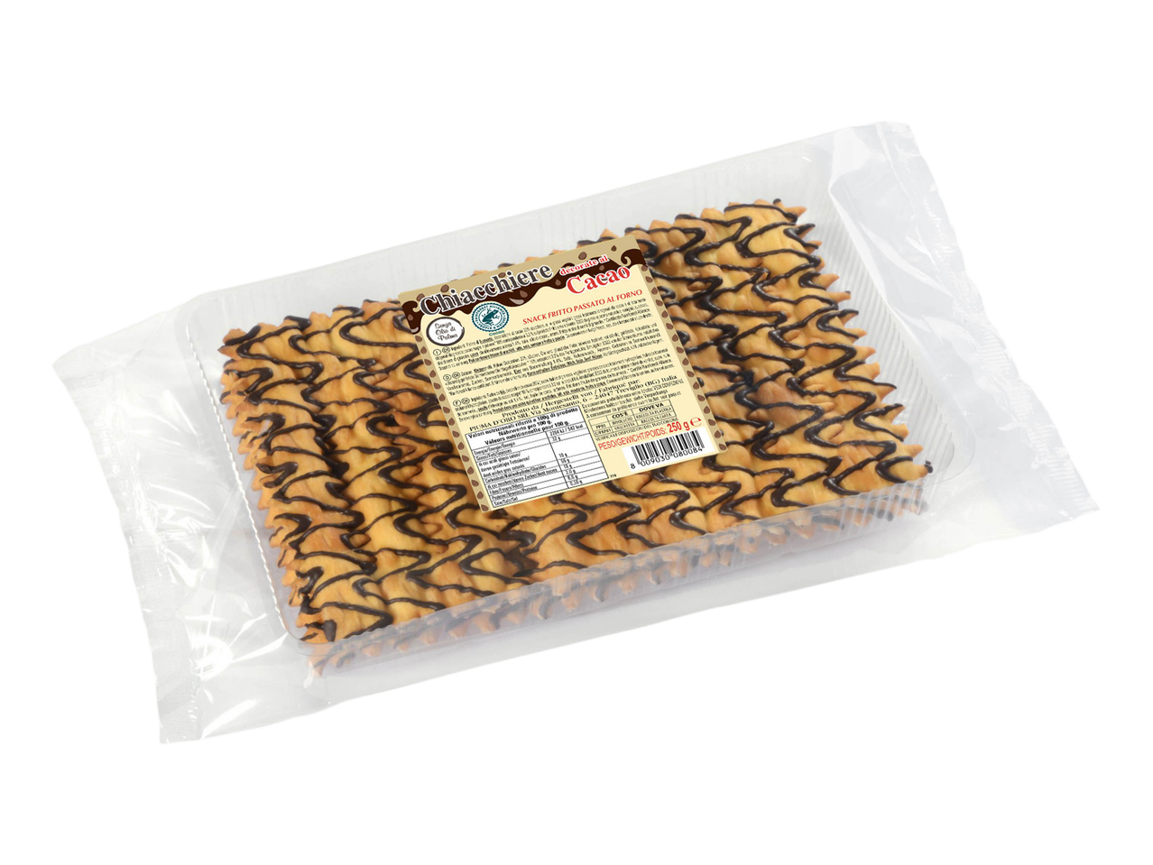 Chiacchiere decorated with cocoa, a snack fried and then baked, 250g.