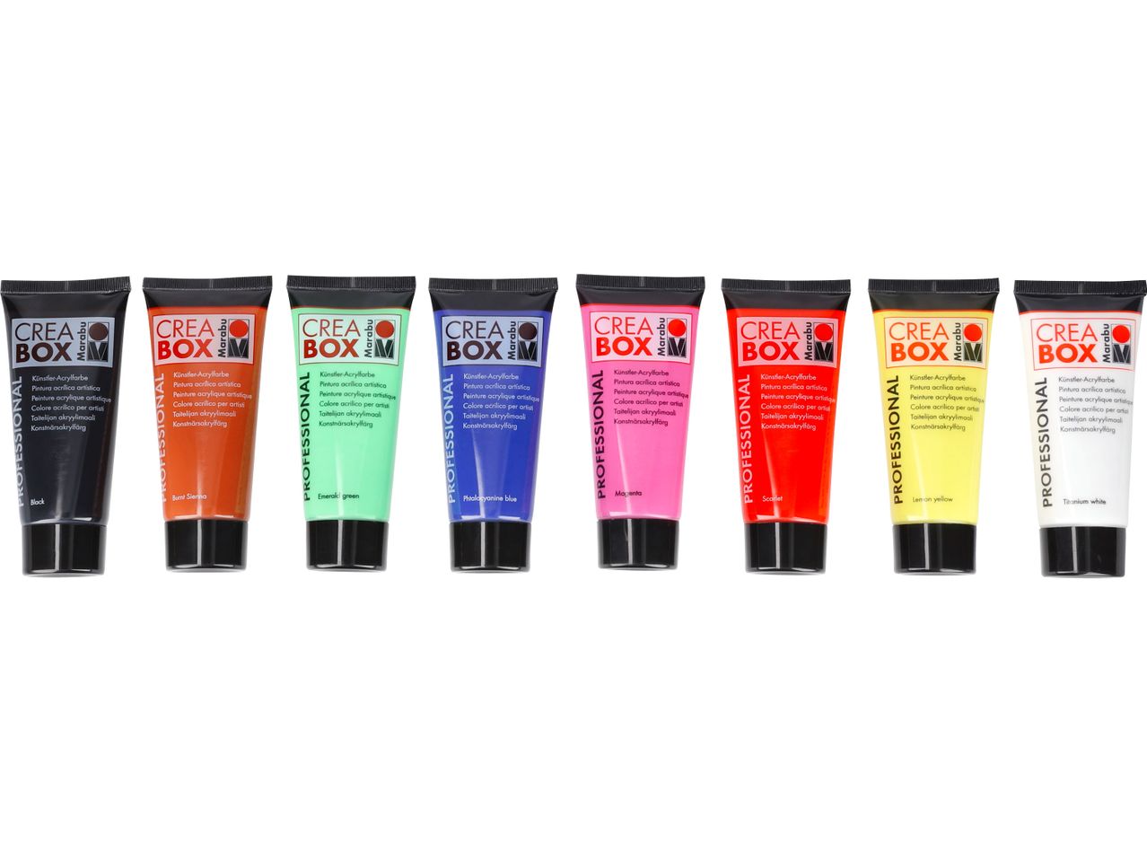 Осем тубички акрилни бои Marabu CreaBox в различни цветове.