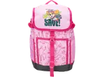 Mochila infantil rosa com um cão de desenho animado, folhas tropicais e o texto 'WE'VE GOT DINOS TO SAVE!'