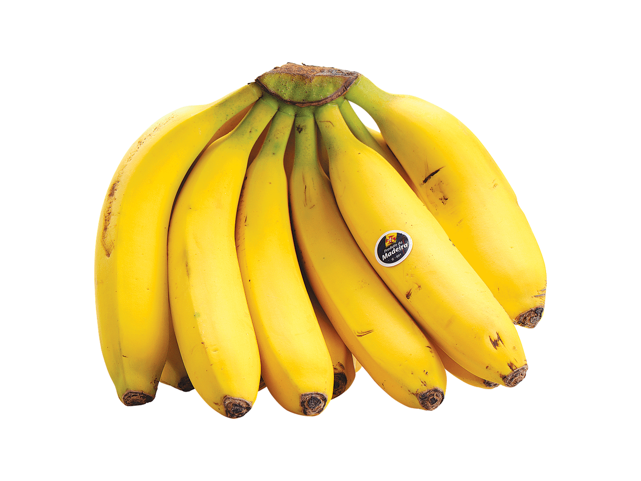 Um cacho de bananas amarelas com um autocolante 