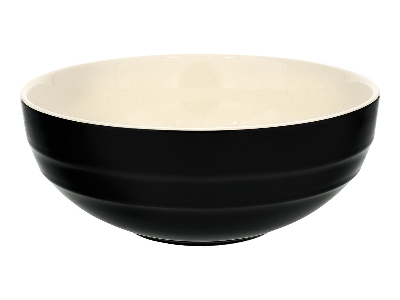 Black and cream ceramic bowl with a ribbed exterior