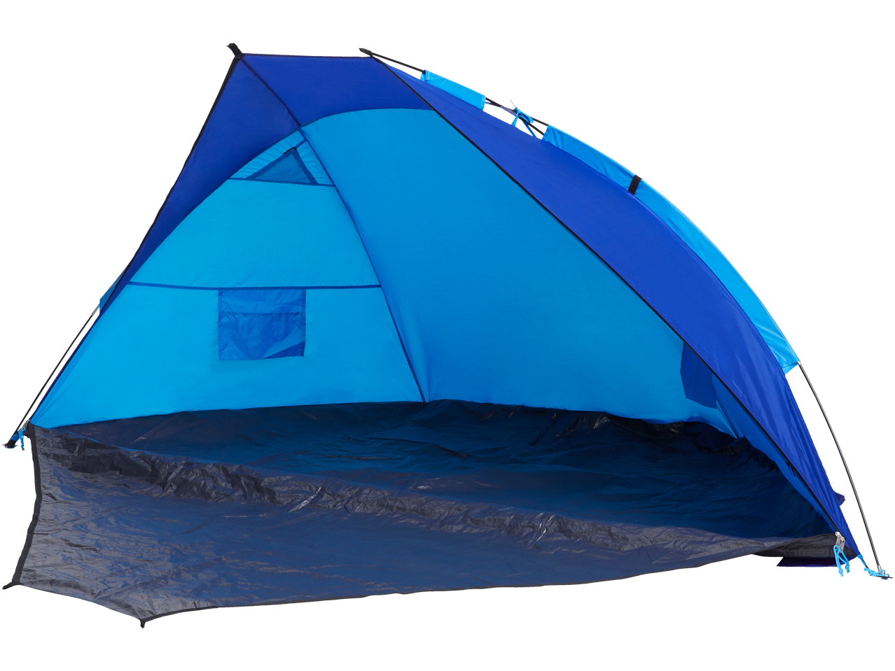 Blue beach shelter or sun shade tent with a dark floor.