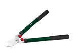 Green and black garden loppers with red stoppers, angled on a black background.