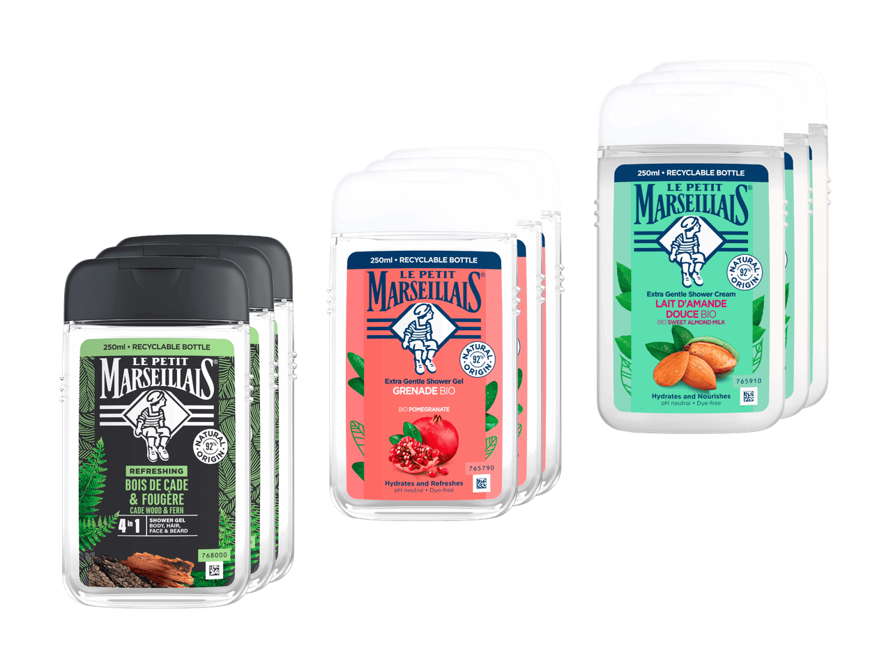 Packung feuchtigkeitsspendender Duschgele und Duschcremes, darunter Granatapfel, Süßmandel und Wacholderholz.