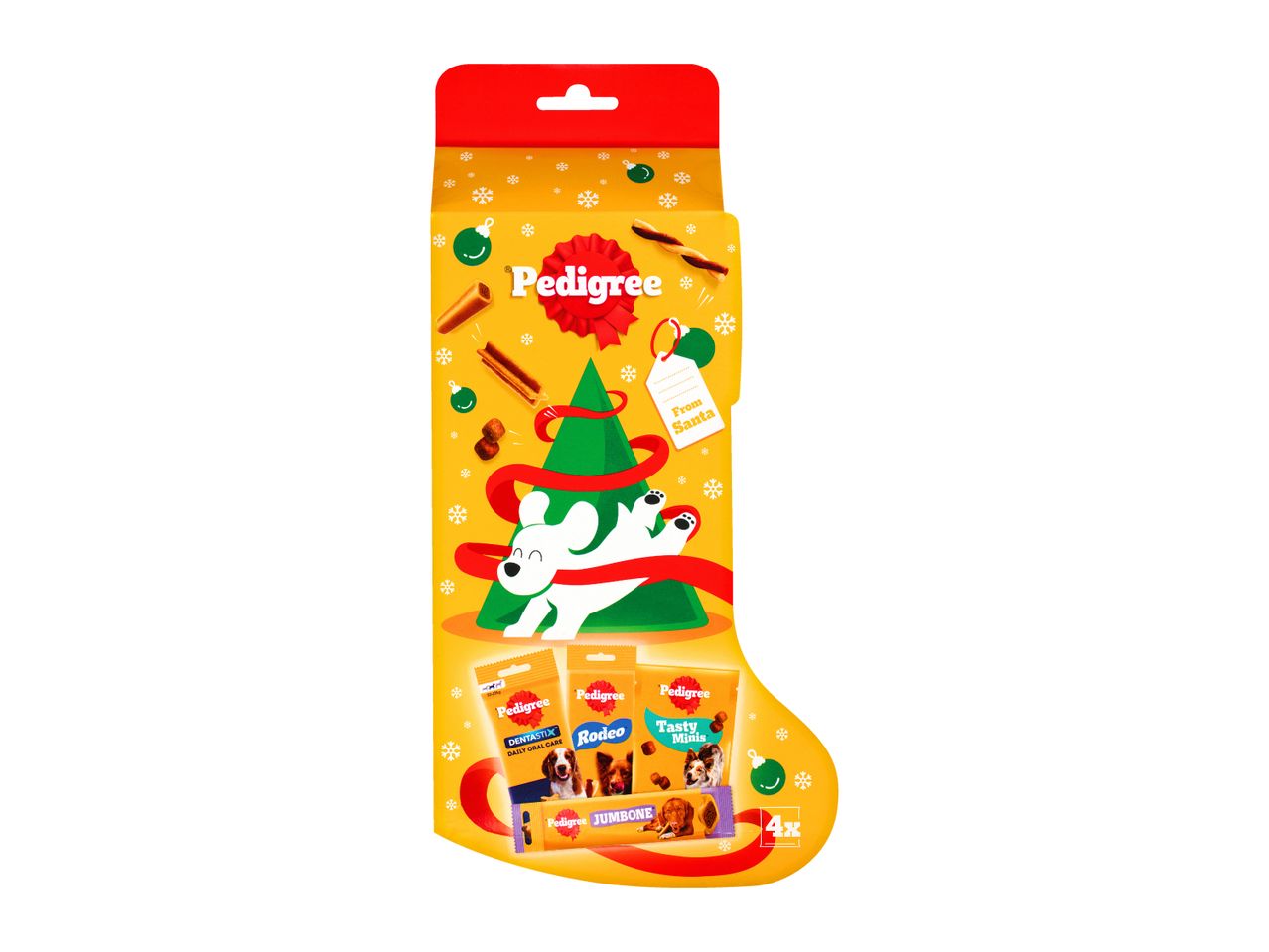 Pedigree Christmas stocking with Dentastix, Rodeo, Tasty Minis, and Jumbone dog treats.