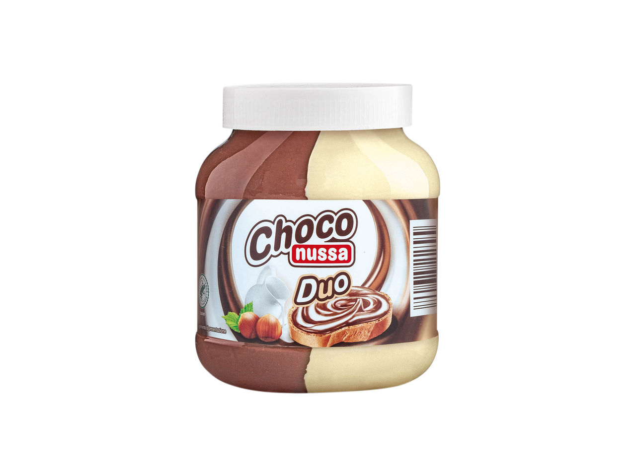 Choco Nussa Duo chocolate and hazelnut spread in a jar