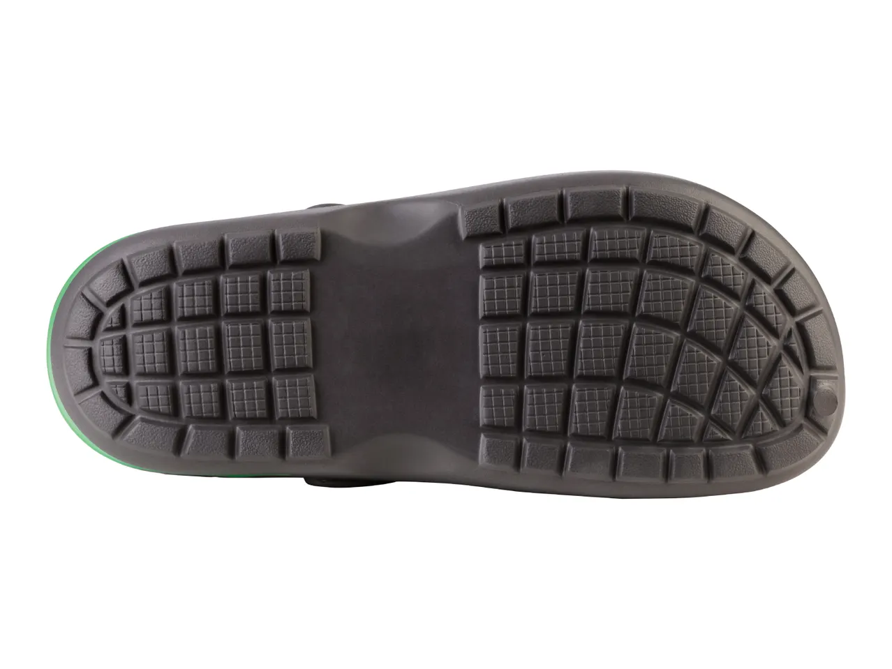 The bottom of a black clog shows a textured sole.