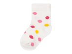 White sock with pink, fuchsia, and yellow polka dots