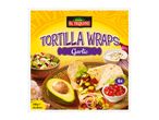 Garlic tortilla wraps with fresh salad, avocado, salsa, and sour cream on a yellow background.