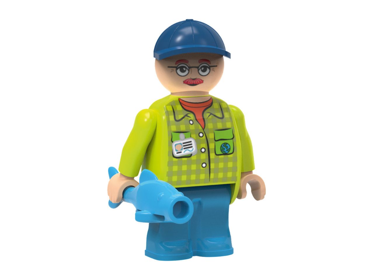 Toy figure of a man in a cap and plaid shirt holding a blue fish.