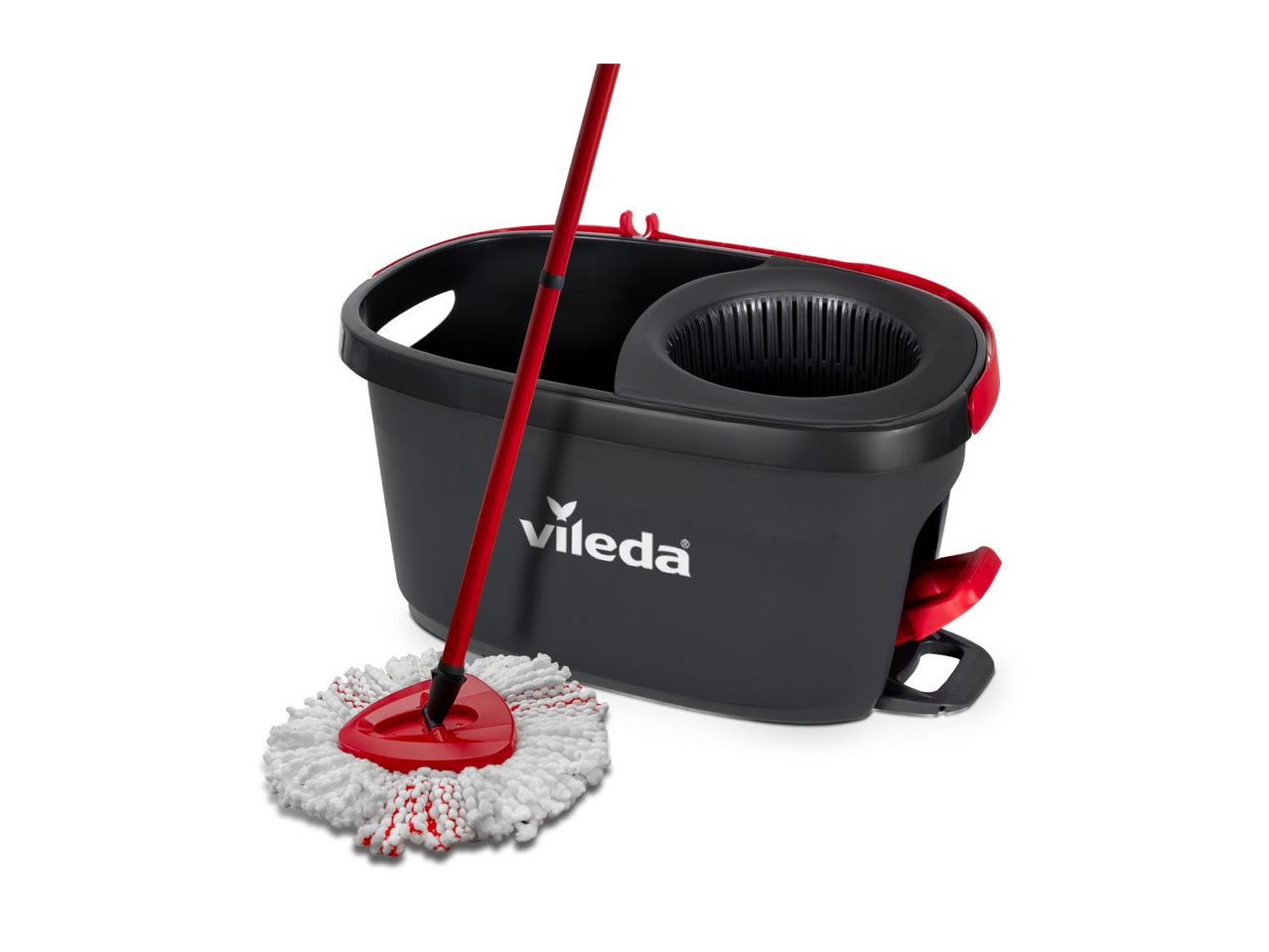 A red and black spin mop and bucket set on a white background.