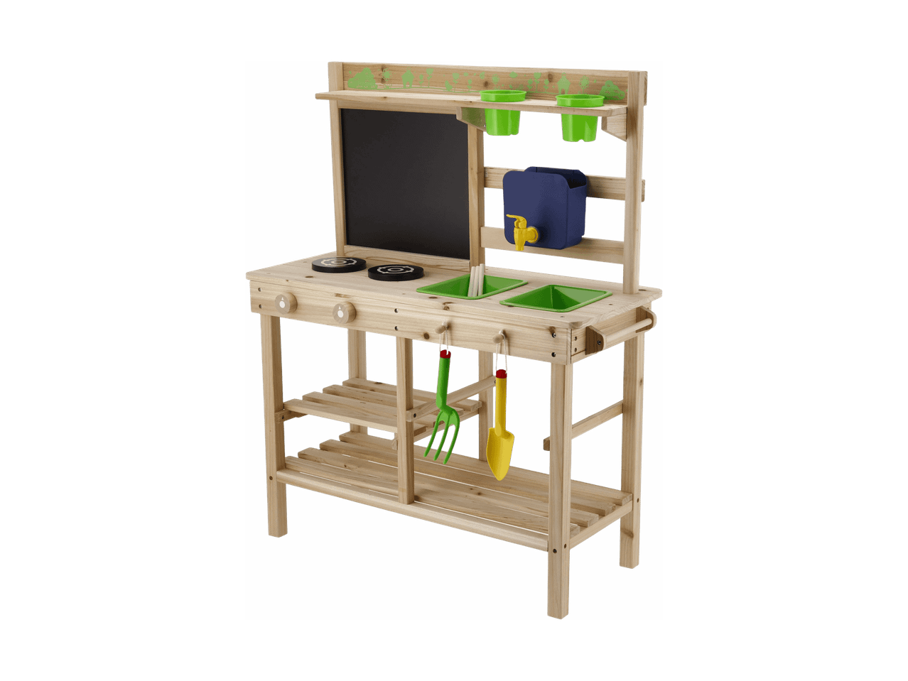 Spielküche aus Holz für Kinder mit Kreidetafel, Spüle, Kochfeldern und Gartengeräten.