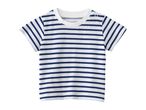 White and blue striped short-sleeved baby t-shirt with shoulder snaps.