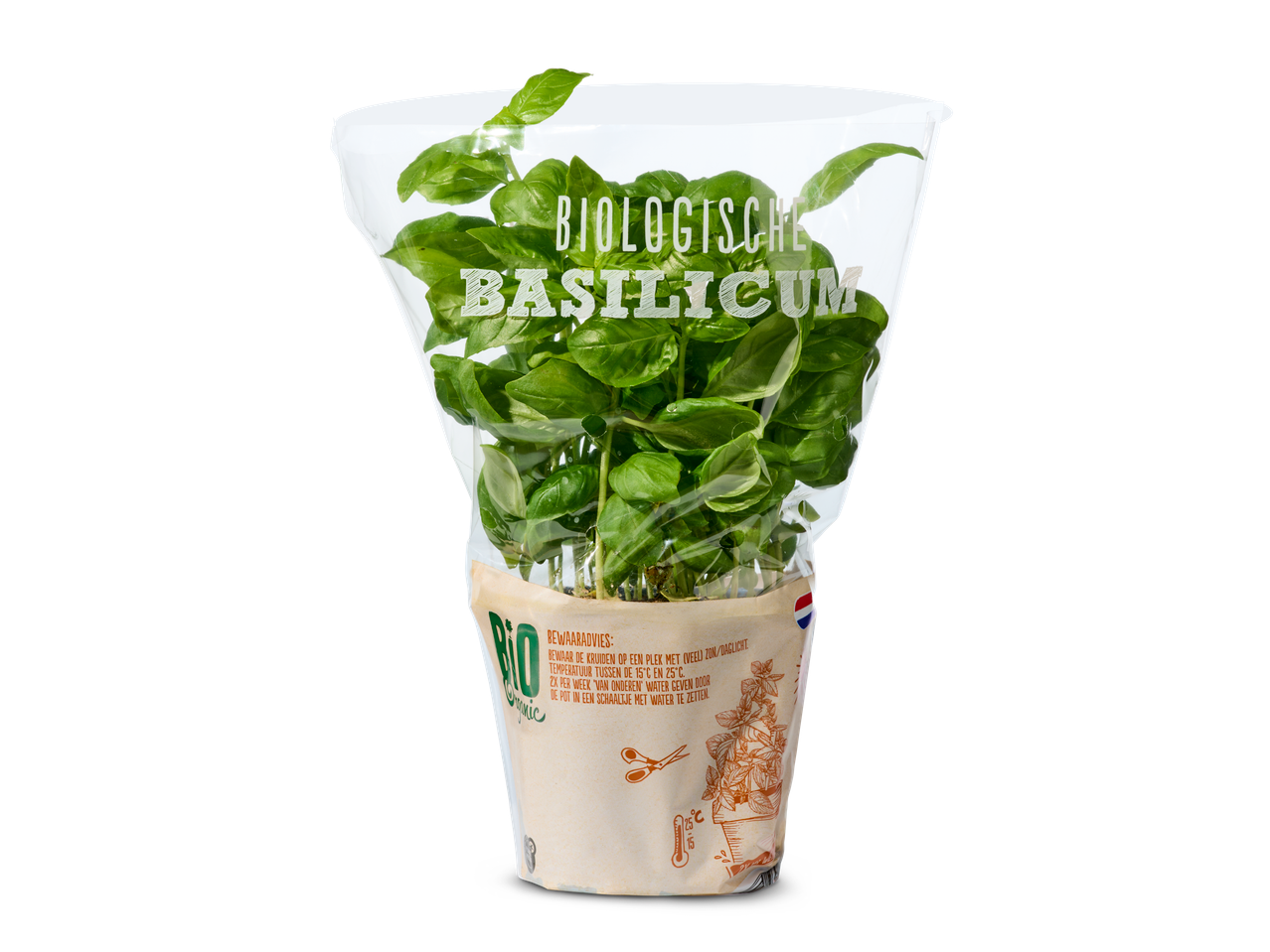 Biologische basilicumplant in pot, verpakt in een transparante zak.