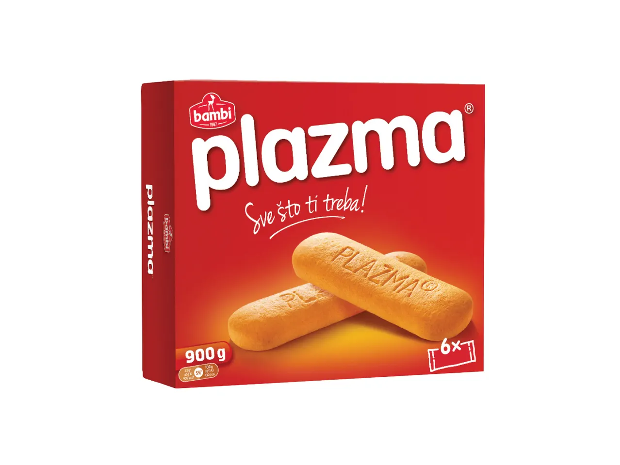 Crvena kutija Plazma keksa sa natpisom 'Sve što ti treba!' i slikom keksa.