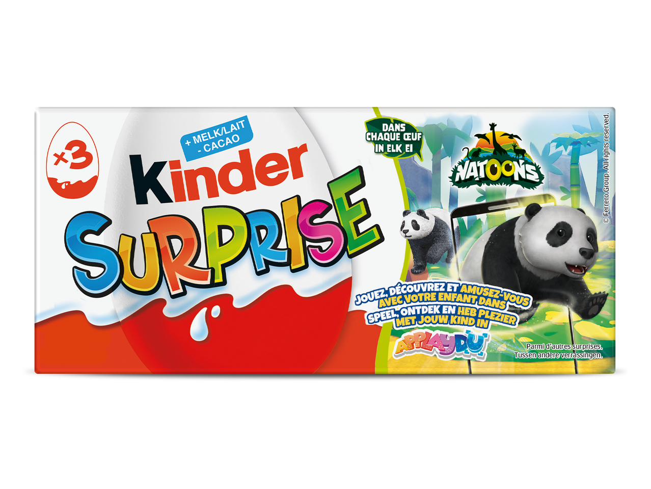 Kinder Surprise eieren met Natoon-thema, inclusief een panda en de tekst 'Speel, ontdek en heb plezier met jouw kind in Applaydu'.
