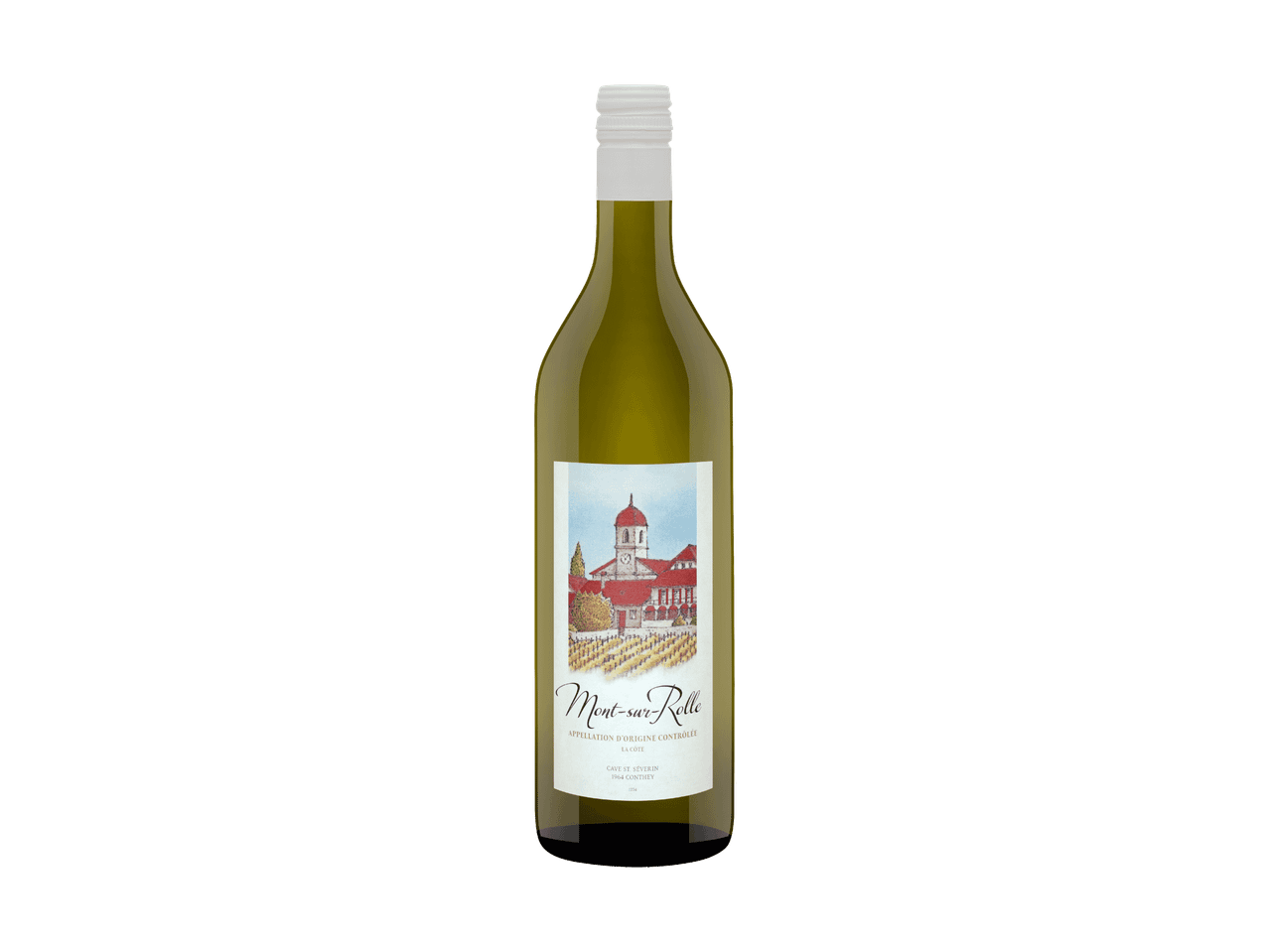 Bouteille de vin blanc avec une étiquette illustrée d'un paysage viticole.