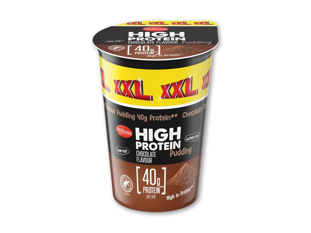 Milbona's XXL High Protein Chocolate Pudding, 40g protein per pot.