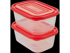 Two stackable plastic food containers with red lids.