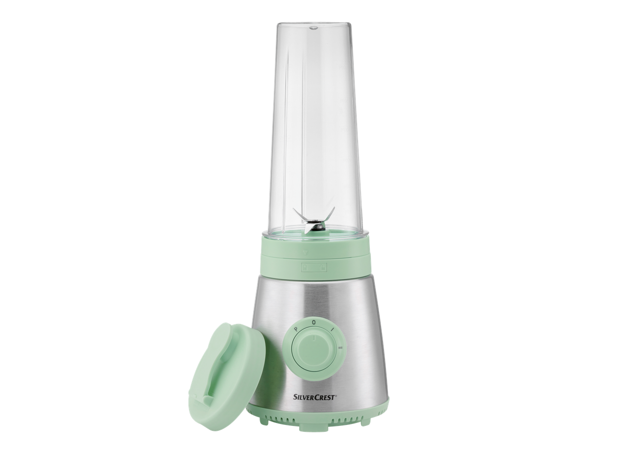 Ασημί και πράσινο μέντας μπλέντερ Silvercrest® Smoothie-Maker με καπάκι.