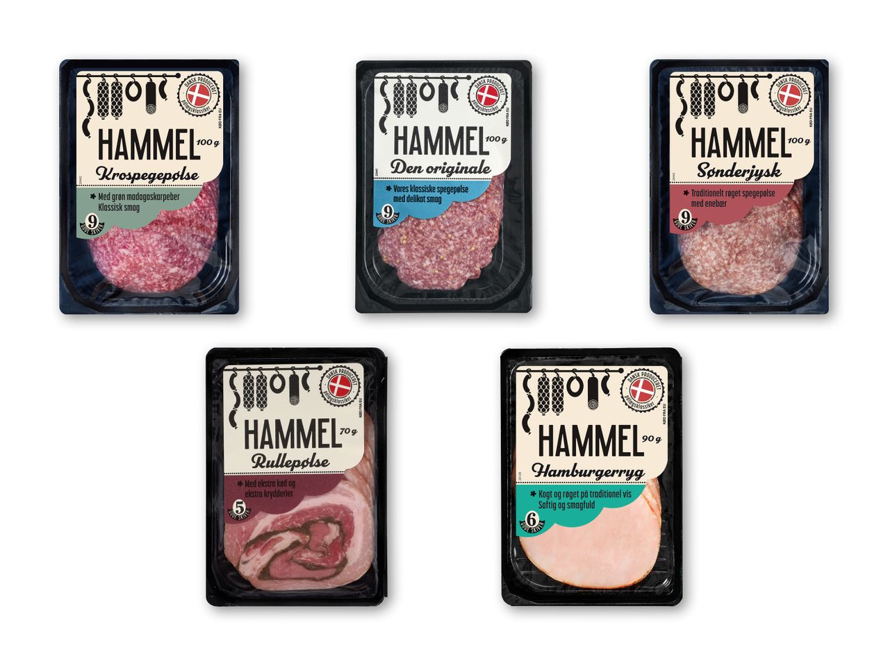 Fem forskellige typer af Hammel spegepølser og kødprodukter i plastikemballage.