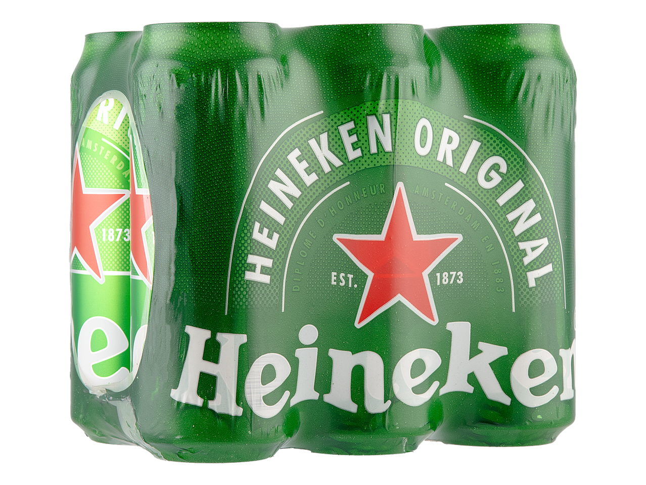 Šest limenki piva u zelenom pakiranju s crvenom zvijezdom i natpisom 