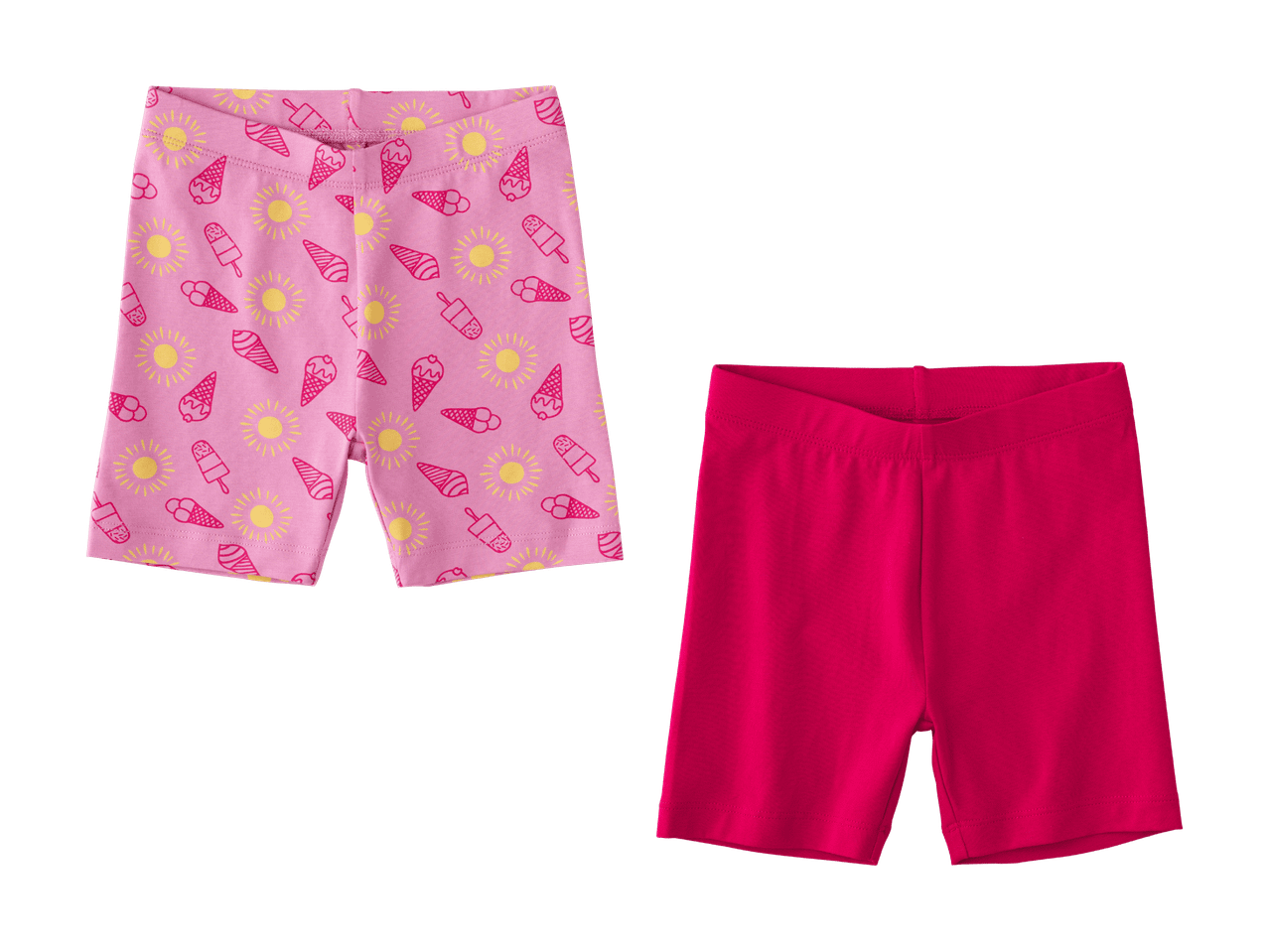 Shorts roses pour enfants, l'un avec des motifs de soleils et de glaces, l'autre uni.
