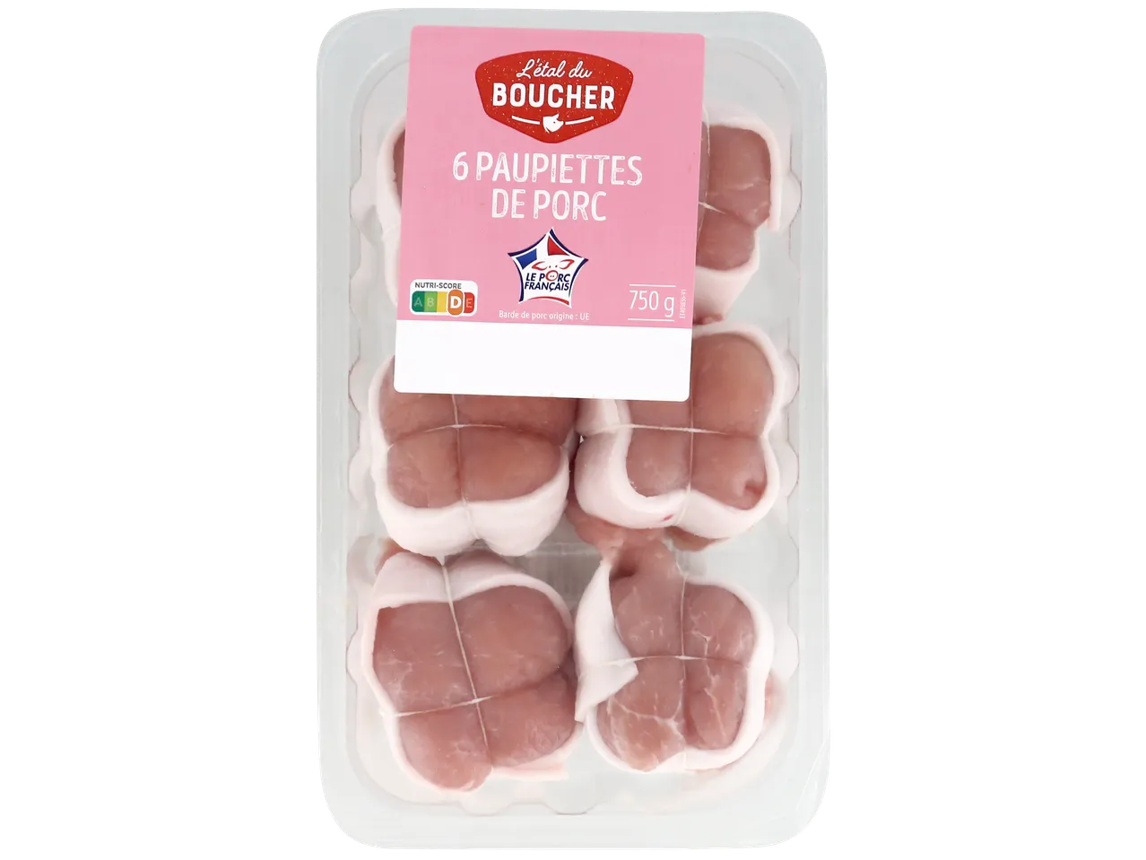 Barquette de 6 paupiettes de porc de 750g, avec Nutri-Score B.