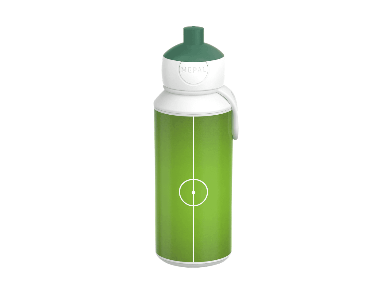 Vandflaske med fodboldbane-design og grøn tud.