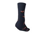 Dark blue sock with a pattern of leaping orange foxes