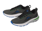 Ein Paar dunkelgrauer Sportschuhe mit blauen und grünen Akzenten.