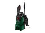 Green and black pressure washer with a hose and spray gun.