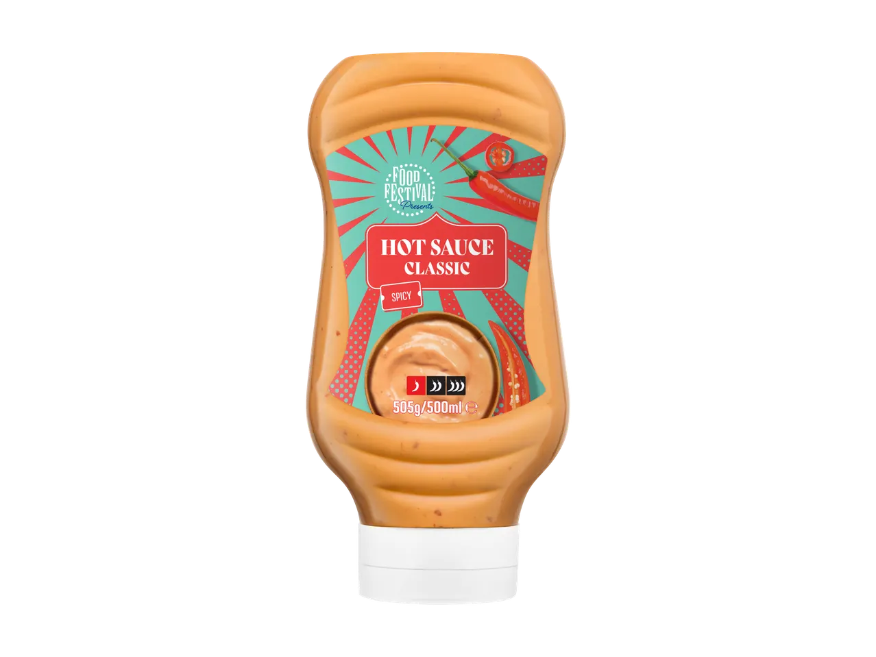 Food Festival Hot Sauce Classic, spicy, 505g/500ml, in an orange squeeze bottle with a red and teal label.