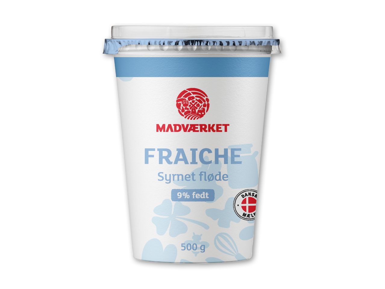 Bæger med creme fraiche, syrnet fløde med 9% fedt, 500g.