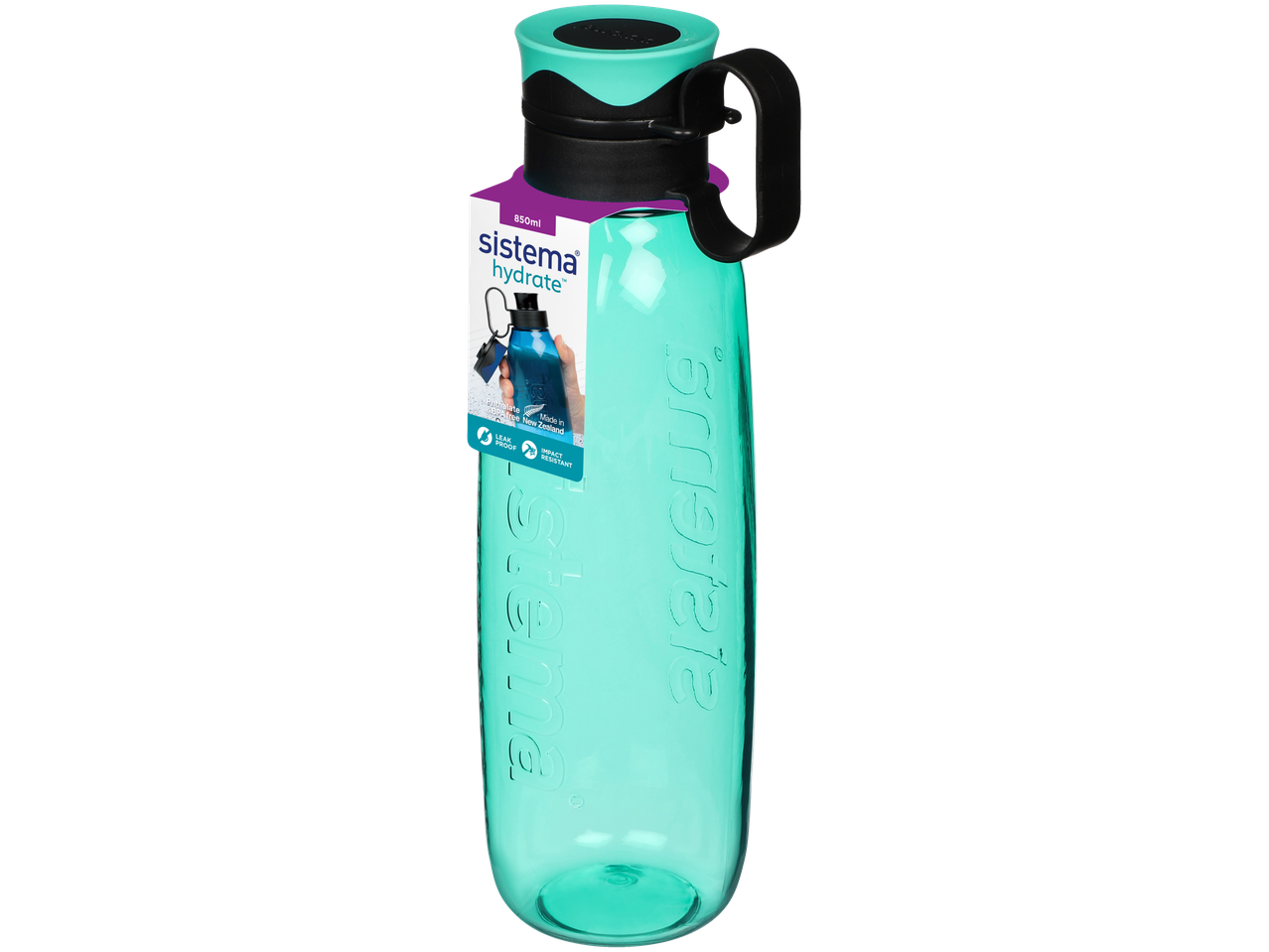 Sistema Hydrate 850ml water bottle in teal with a black lid and handle.