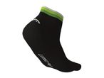 A black Crivit sports sock with lime green and white stripes at the top.